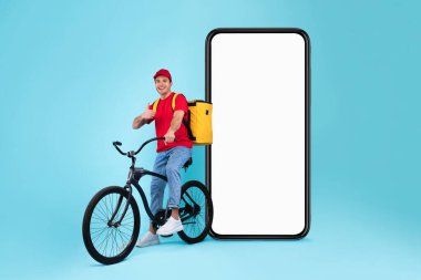 Telefonun yanındaki Bisikletli Kurye Başparmak Yukarı, Mavi Arkaplan