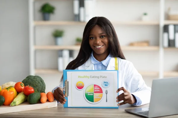 Щасливий чорний дієтолог, що показує схематичну здорову харчову тарілку для дієти, сидячи на робочому місці в клініці та посміхаючись — стокове фото