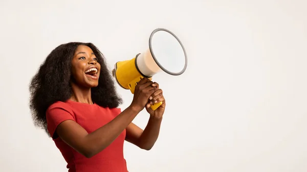 Gran Promo. Emocionado señora negra usando megáfono para hacer anuncio — Foto de Stock