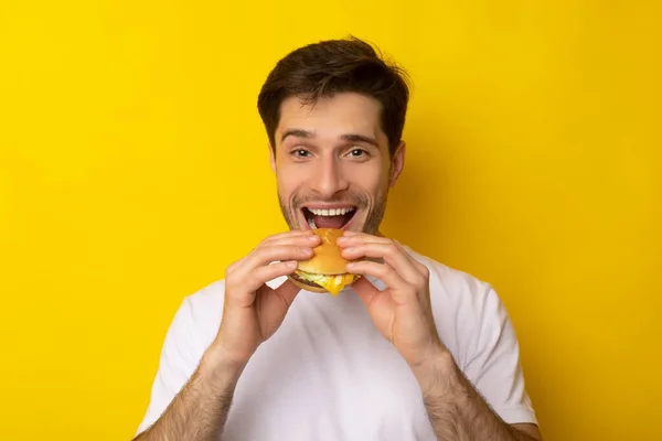 Cara engraçado segurando hambúrguer mordendo sanduíche no estúdio — Fotografia de Stock