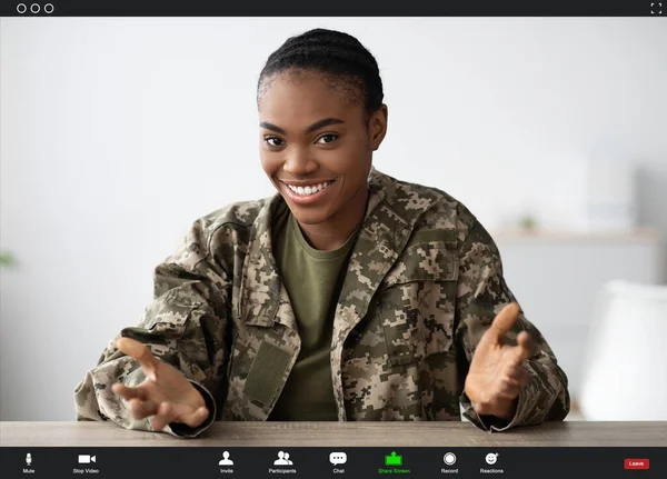 Teleconference Concept. Screenshot Of Smiling Black Soldier Woman Making Video Call