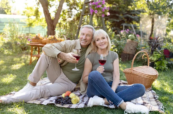 Ostrożna emerytura. Szczęśliwi starsi małżonkowie pijący wino, siedzący na kocu podczas pikniku w ogrodzie — Zdjęcie stockowe