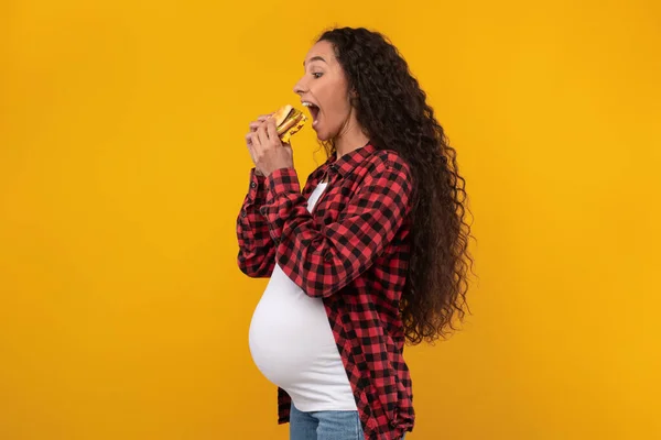 Divertente incinta latino signora holding hamburger mordere sandwich a studio — Foto Stock