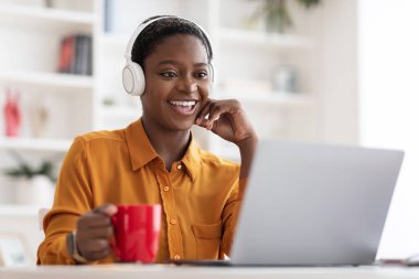 Mutlu Afro-Amerikan kadın dizüstü bilgisayardan video izliyor.