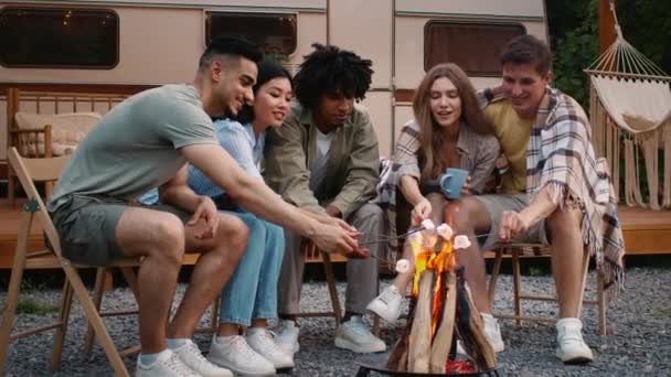 Relaxe ao ar livre. Grupo de amigos multiétnicos descansando perto da fogueira e fritando marshmallows — Vídeo de Stock