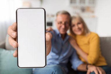 Beyaz ekranlı, reklam uygulamalı ya da web siteli cep telefonu gösteren mutlu yaşlı çift.