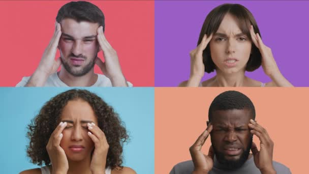 Concept de migraine. Ensemble mosaïque de jeunes hommes et femmes divers souffrant de maux de tête aigus, massant des tempes douloureuses — Video