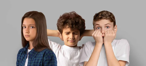 Koláž s vyděšenými dospívajícími dětmi při pohledu na kameru s obavami — Stock fotografie