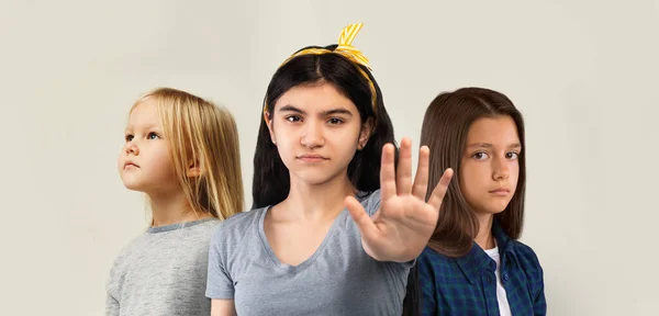 Portrait Of Upset Little Girls Showing Stop Gesture At Camera — Stock Photo, Image