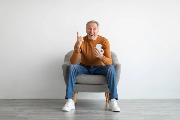 Retrato de un hombre maduro usando un smartphone sentado en un sillón —  Fotos de Stock