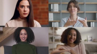 Bir grup mutlu bayan videosu koç, profesyonel konuşmacı kamerayla konuşuyor, mozaik kolajı