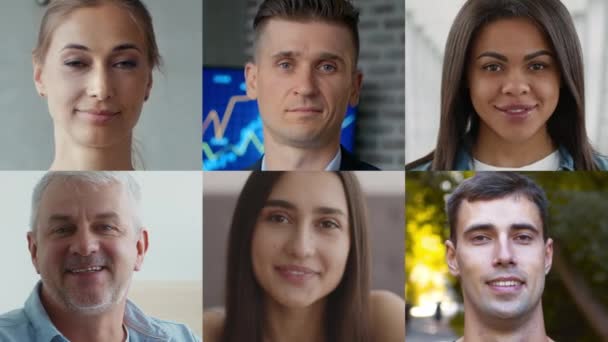 Primer plano retratos de diversos despreocupados jóvenes y de mediana edad hombres y mujeres sonriendo a la cámara, collage mosaico creativo — Vídeo de stock