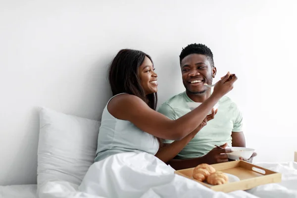 Χαρούμενη χαρούμενη νεαρή Αφρικανή Αμερικανίδα που ταΐζει αρσενικό πλιγούρι βρώμης και διασκεδάζει στο κρεβάτι στο λευκό υπνοδωμάτιο — Φωτογραφία Αρχείου