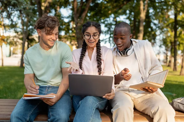 Принятые студенты. Радостные разнообразные друзья празднуют успех с ноутбуком на открытом воздухе, сидя в парке — стоковое фото