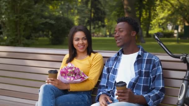 Portrait filmé de jeune couple afro-américain positif profitant d'un rendez-vous en plein air au parc d'été, parlant sur un banc — Video