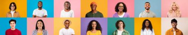 Stüdyonun arka planında çok ırklı gençlerin mutlu portreleri kolajı