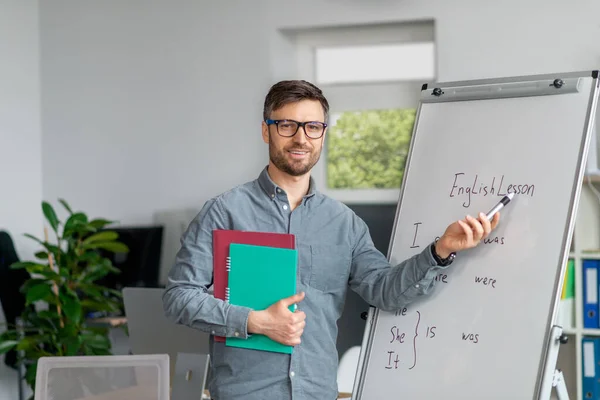 Uzaktan öğrenme konsepti. Yetişkin bir erkek öğretmen İngilizce dersi veriyor, ofis içi tahtada yazıyor. — Stok fotoğraf
