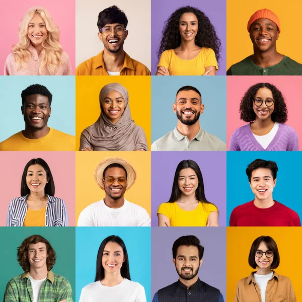 Mosaic of closeup photos of smiling young people different nationalities — Stock Photo, Image