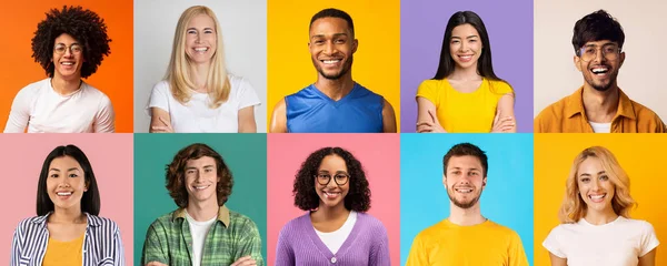 Coleção de jovens multirraciais felizes retratos em fundos de estúdio — Fotografia de Stock