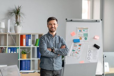 Kendinden emin iş adamı proje sunumu yapıyor, ofisteki beyaz tahtada grafikler gösteriyor.