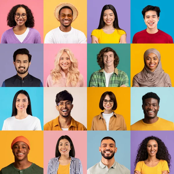 Colagem de jovens multirraciais felizes avatares em fundos de estúdio — Fotografia de Stock