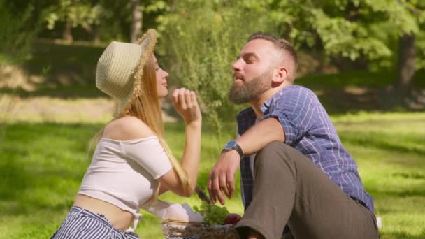 Concepto romántico de picnic. Mujer amante feliz alimentando a su novio con uvas, disfrutando de una cita encantadora en el parque de verano — Vídeo de stock