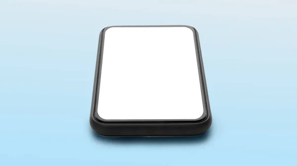 Mobiele telefoon met leeg scherm liggend over blauwe achtergrond, Panorama — Stockfoto
