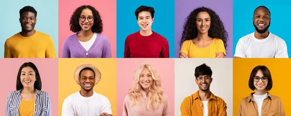Ψηφιδωτό με τα χαρακτηριστικά των χαρούμενων πολυπολιτισμικών ανθρώπων που ποζάρουν πάνω από πολύχρωμα backgrounds — Φωτογραφία Αρχείου