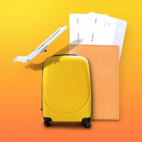 Valigia e aereo vicino biglietti Passaporto in piedi su sfondo arancione — Foto Stock