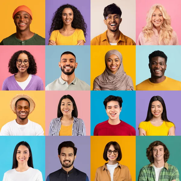 Square formade collage av olika etnicitet ungdomar, grupp headshots — Stockfoto