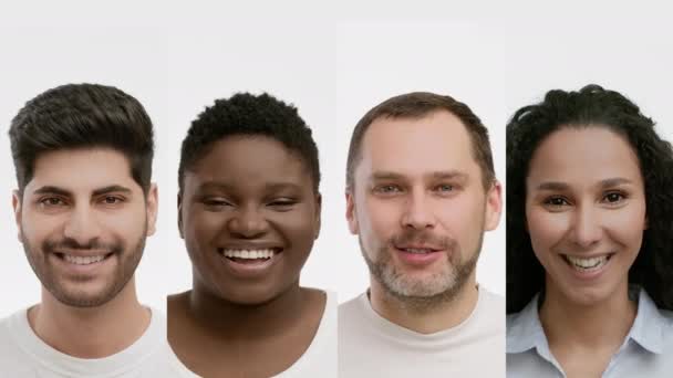 Collage de cuatro personas multiétnicas felices retratos sobre fondos blancos — Vídeos de Stock