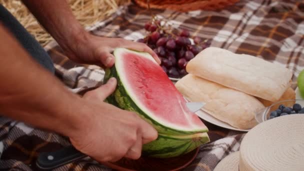 Muž Řezání šťavnatý meloun s nožem na plátky při piknik venku — Stock video