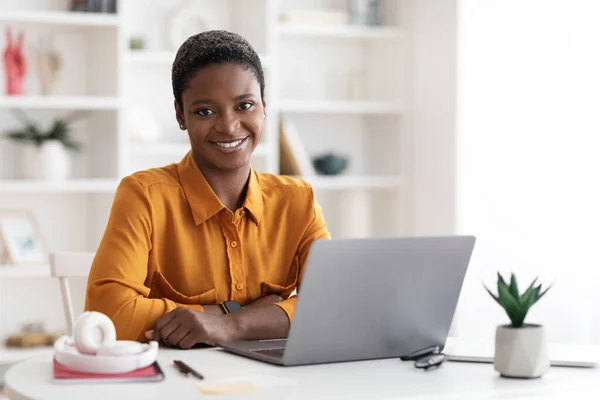 Pretty african american lady freelancer using laptop at home