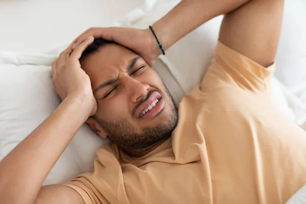 Arabic Man Having In Bed Indoor, Above View — Stok Foto