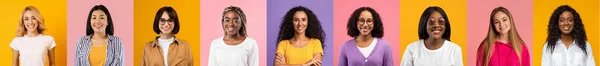 Young Multiethnic Females With Smiling Faces Posing Over Colorful Backgrounds — 스톡 사진