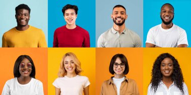 Çeşitli Neşeli Milenyum İnsanları Parlak Arkaplanlar Üzerinde Poz Veriyor, Yaratıcı Kolaj