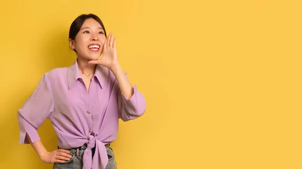 Jeune femme asiatique criant fort à l'espace de copie, tenant la main près de la bouche sur fond de studio jaune, panorama — Photo