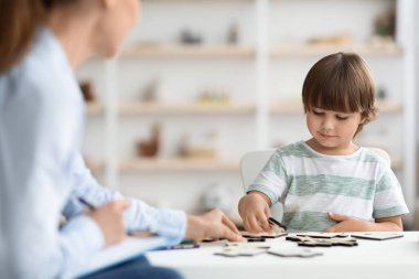 Ofiste çevre dostu ahşap figürlerle oynayan sevimli, zeki bir çocuk. Kadın uzmanı ona yardım ediyor. Boş alan.