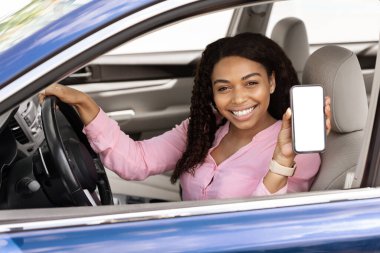 Boş ekranlı akıllı telefon kullanan mutlu siyah sürücü