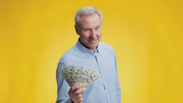 Wealthy retirement. Happy confident senior man demonstrating fan of dollar banknotes, smiling to camera — 비디오