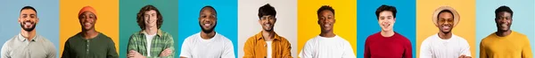 Row Of Portraits Of Happy Young Males Posing Over Colorful Studio Backgrounds — 스톡 사진