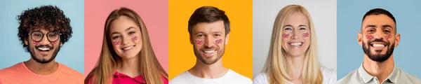 Mosaic of photos of multirace people with flag of UK — стокове фото