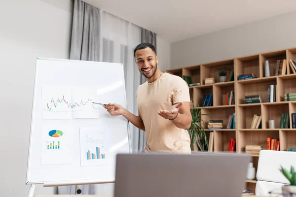 Friendly young arab man making project presentation, demonstrating graphs on whiteboard during online conference — Foto de Stock