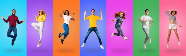 Colagem de jovens emocionais pulando em fundos estúdio coloridos — Fotografia de Stock