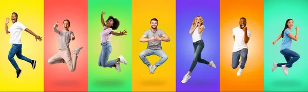 Emotionele multi-etnische millennials grimmig en gebaren op kleurrijke achtergronden, collage — Stockfoto