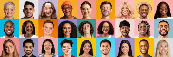 Mosaik av sport supportrar glada multiracial män och kvinnor ansikten — Stockfoto