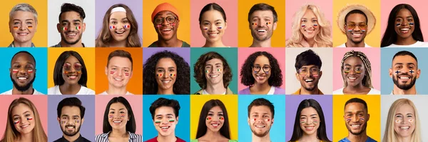 Mosaico de torcedores do esporte homens e mulheres multirraciais felizes rostos — Fotografia de Stock