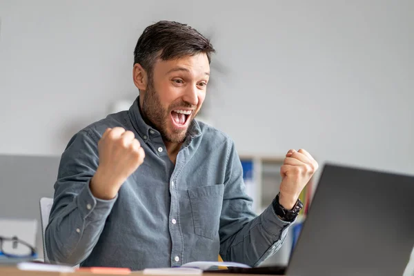 Business luck. Overjoyed mature businessman using laptop and shaking fists, celebrating great news, sitting in office — Foto de Stock