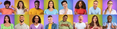 Collection of happy multicultural people photos on studio backgrounds