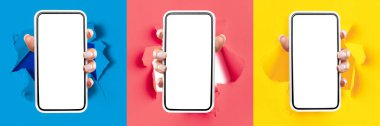 Boş akıllı telefon ekranını gösteren el kolajı kağıdı kırıyor
